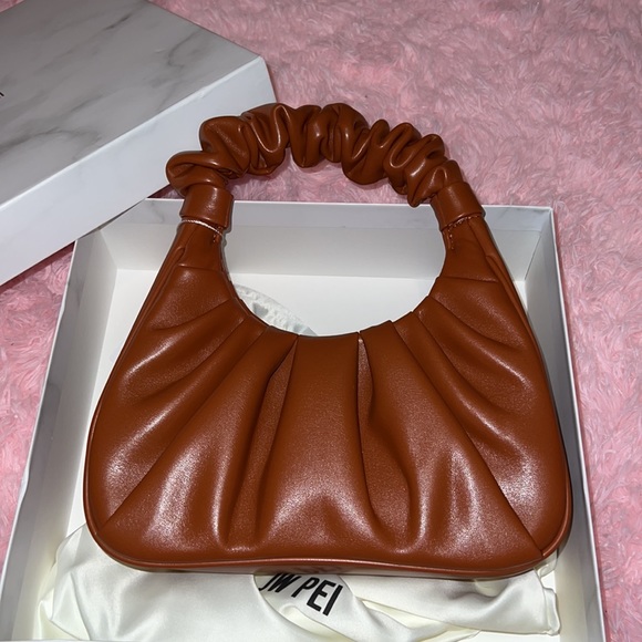 Tag On Vegan Leather Cognac Brown Ruched Puff Designer Handbag Purse Fashion Bag - Picture 9 of 10